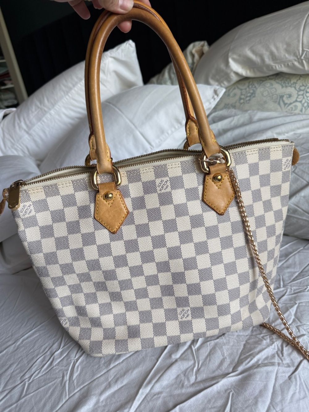 Louis Vuitton Damier Azur Saleya PM Canvas Tote in Cream and Tan with Gold